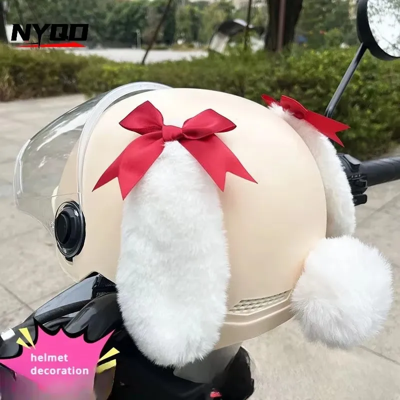 Motorcycle Helmet Decoration Cute Plush Rabbit Ears Motorbike Helmet Decoration Sticker Gift Black White Pink Moto Accessories