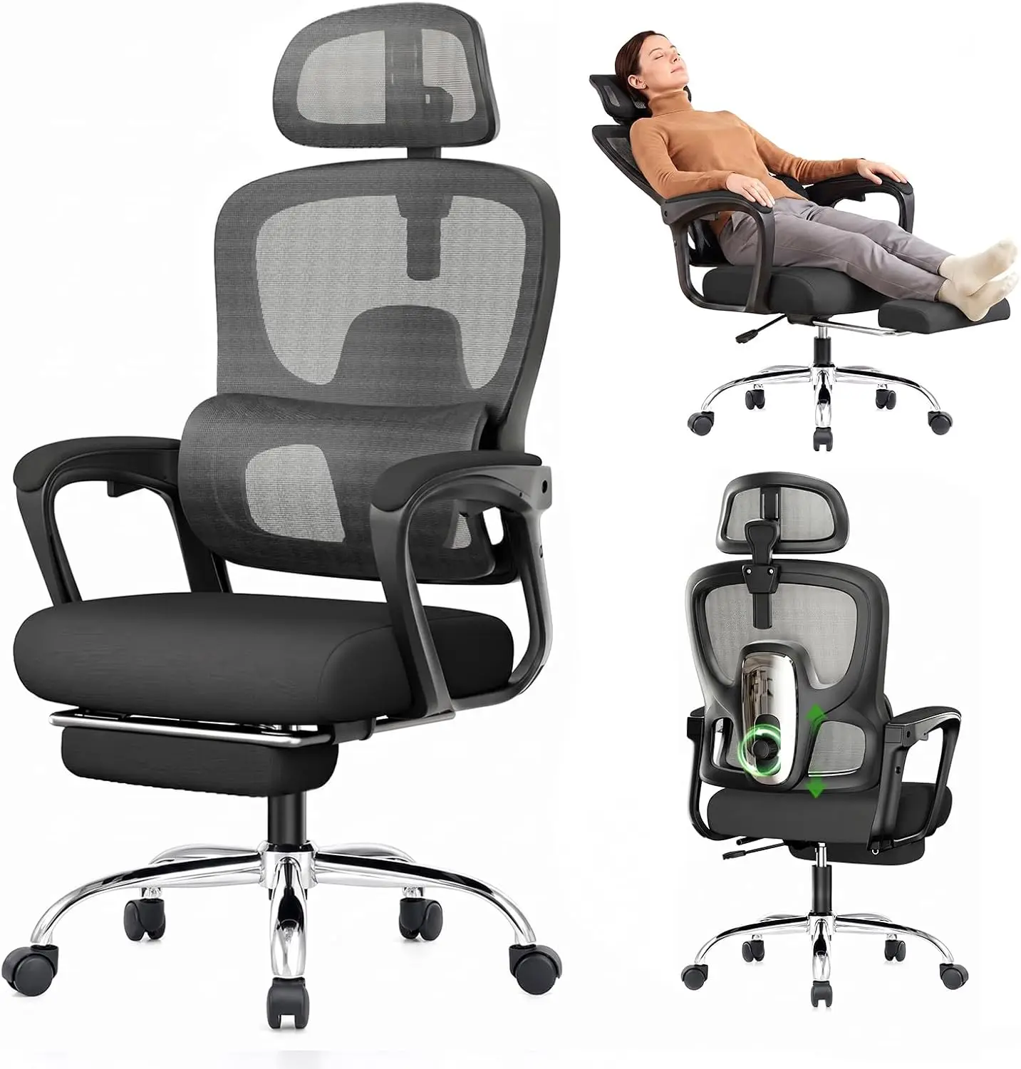 Ergonomic Office Chair with Footrest, 90-145° Reclining Desk Chair