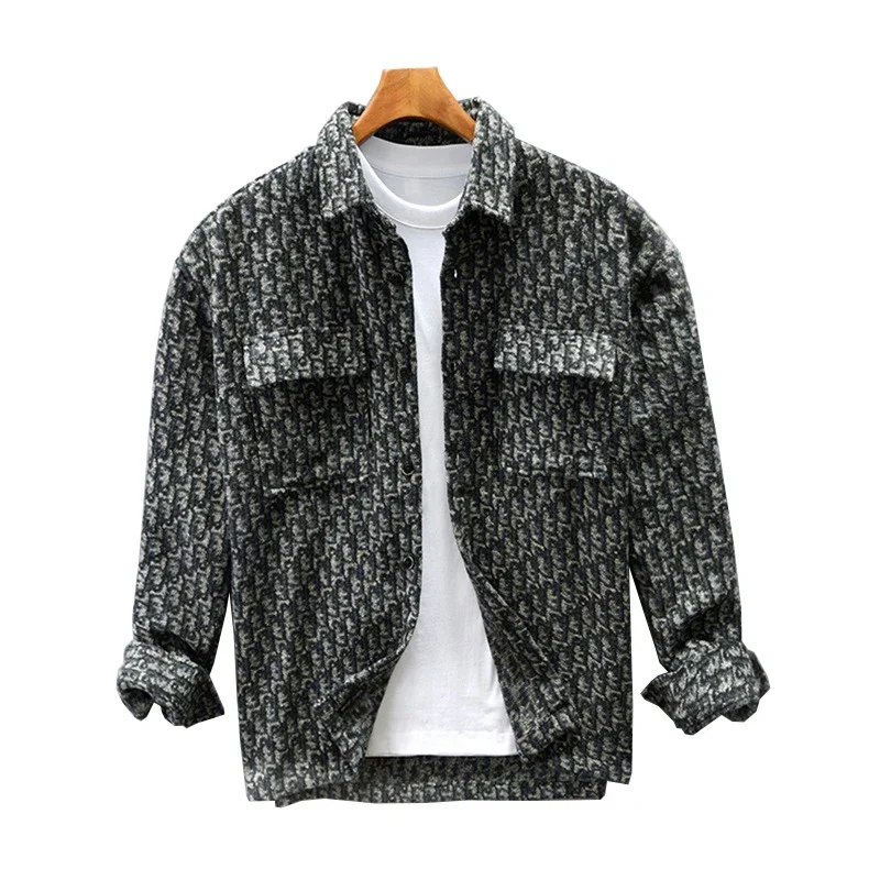 Z201 Winter Fall New Fashion Men Houndstooth Pattern Double Pockets Long Sleeve Jacket Woolen Vintage Casual Lapel Coat Male Top