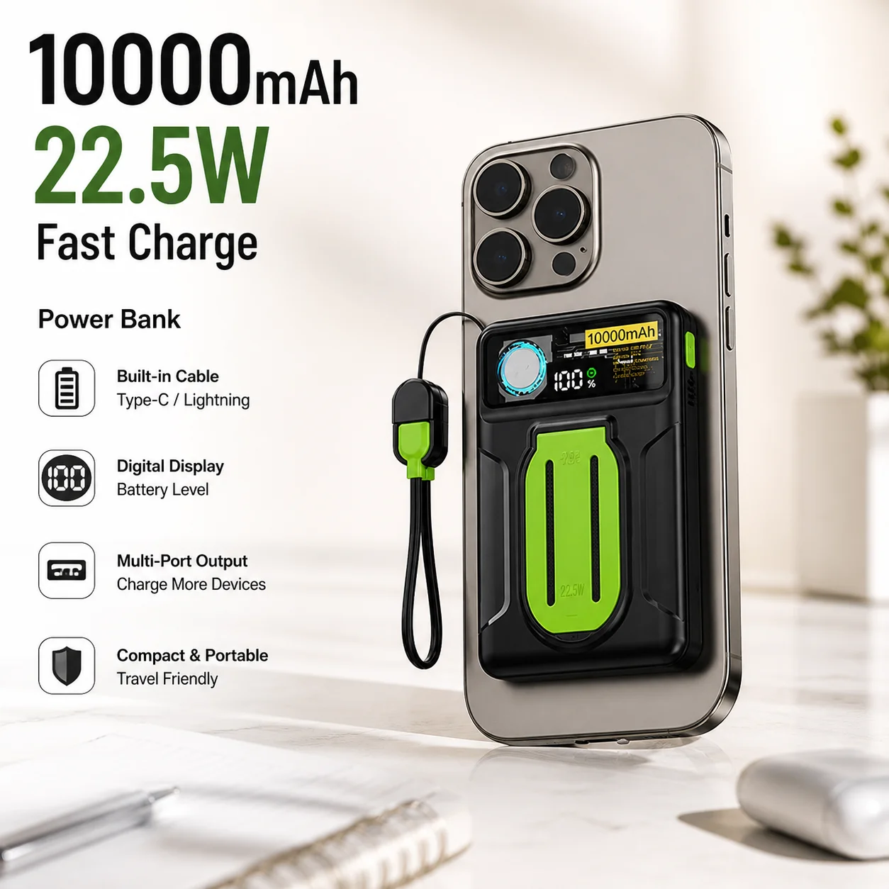 10000mAh Magnetic Wireless Power Bank 22.5W Fast Charging Portable Charger with Cooling Fan for iPhone 16 Samsung Xiaomi