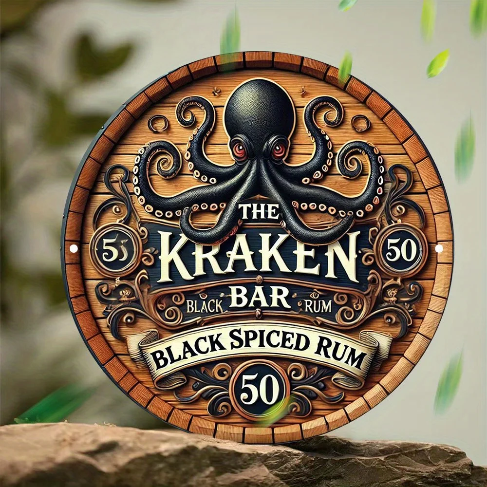 Letrero Metálico Redondo de Aluminio Vintage The Kraken Bar, con Diseño de Pulpo y Rum Especiado Negro, Decoración Náutica Retro para Pared, Hogar, Bar, Cueva del Hombre