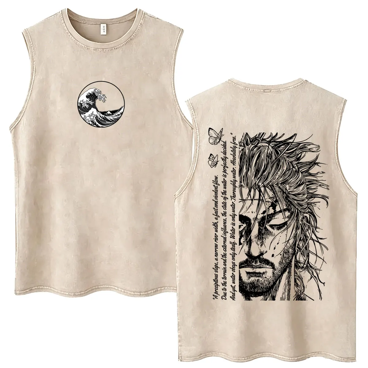 Anime Vagabond Miyamoto Musashi Face Graphic Vintage Washed Tank Tops Men Women Manga Retro Oversized Sleeveless Vest T-shirt