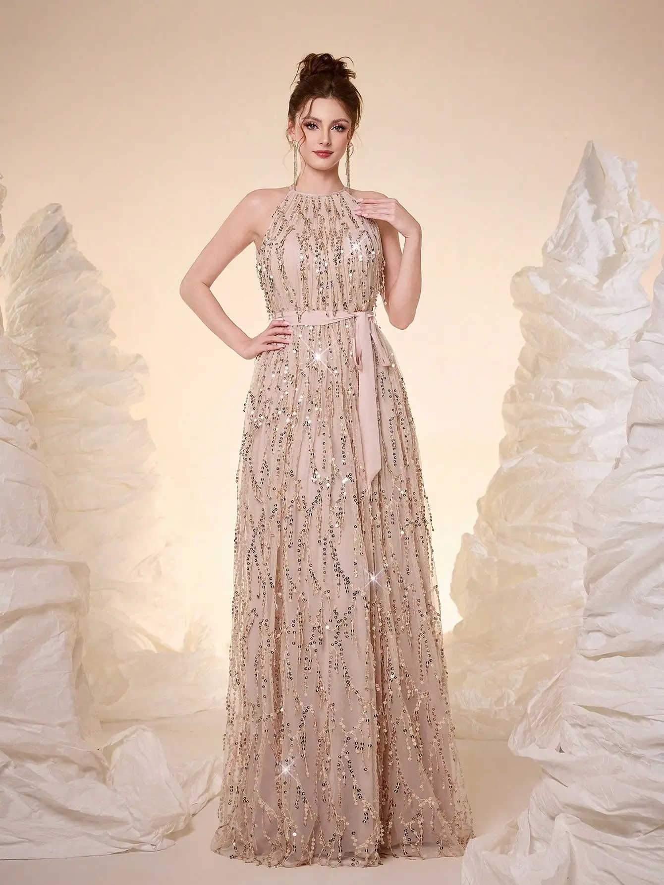 

Mgiacy，New Arrival，Halter neck，Sequin，Elegant，Ball dress，belt，Lace up， Hollow Out，Long dress，FOR，Dinner party，Party Dress,Weddin