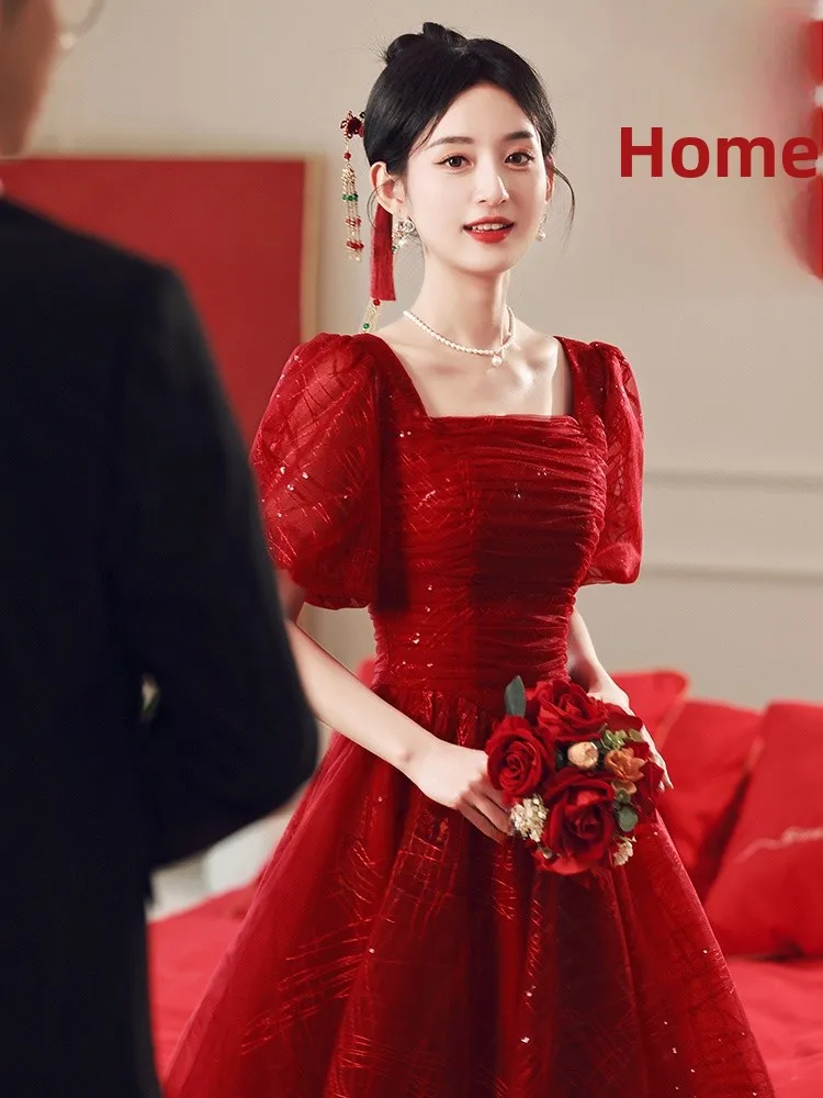 

Элегантное красное свадебное платье для помолвок и вечеринок, модное женское платье А-силуэта с завышенной талией