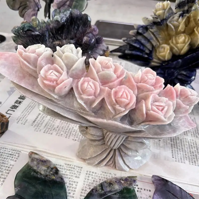 Natural Pink Opal Flower Rose Bouquet Carving Witchcraft Ornaments Home Decoration Accessories Room Decor Gift 1pcs