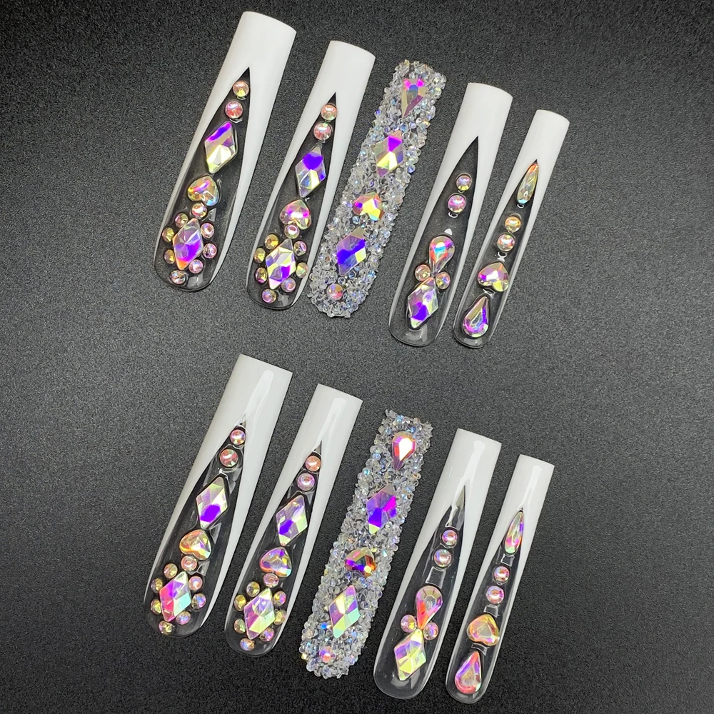 

10PCS Y2K Extra Long Glamorous Ballerina Press on Nails Full Coverage Shiny Crystal 3D Decoration 55MM Handmade Artificial Nails