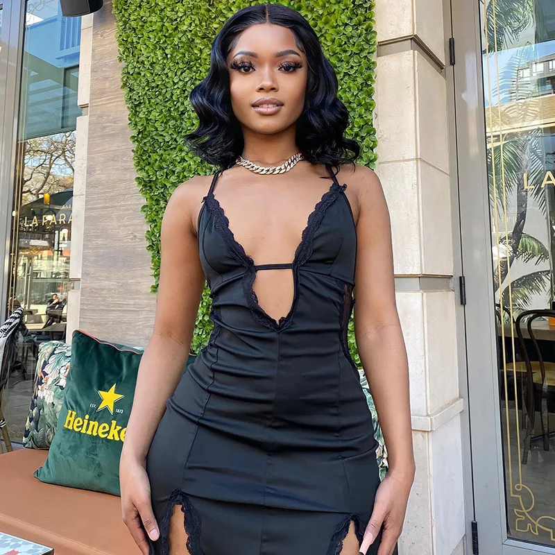 فساتين قصيرة مثيرة للفتيات بحمالات رفيعة فساتين نسائية بفتحة رقبة شكل v عميقة بدون ظهر فستان بفتحة على الورك ملابس خروج للحفلات والنوادي #5