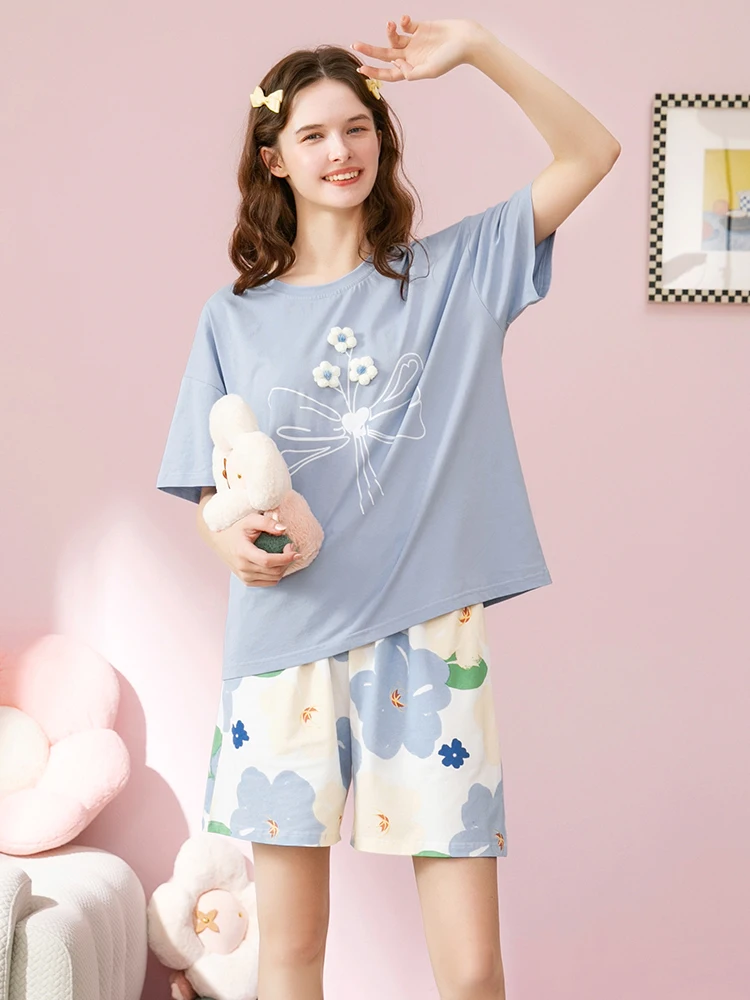 fenteng-women's-summer-sleepwear-pure-cotton-short-sleeve-shorts-set-round-neck-cute-casual-home-clothes-floral-print-knitted