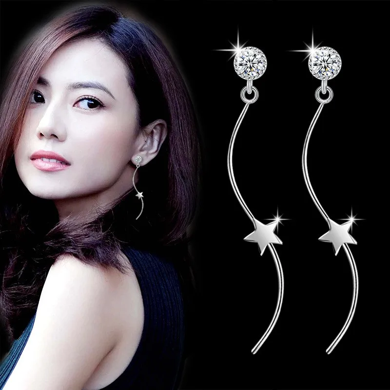 Glittering Starlight: Silver Color Cubic Zirconia Star Ball Dangle Earrings for Women A Sparkling Journey Through the Night Sky
