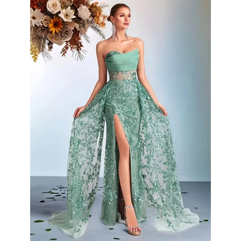 Luxe feestjurk dames saliegroen geborduurde jurk strapless elegante avondjurk baljurk vestidos de fiesta aangepast