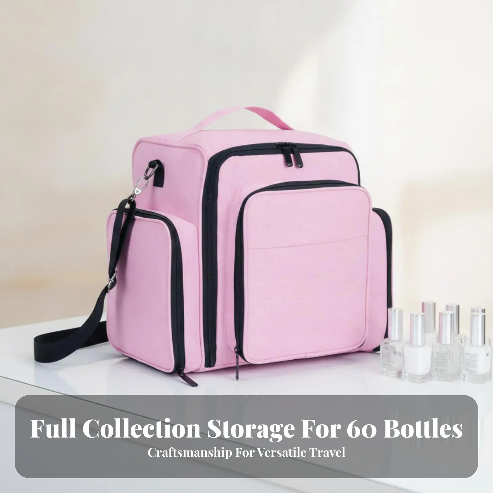 Manicure Nail Art Organizer Bag Oxford Cloth Cosmetic Storage Case for Purse Travel Transparent Top View Pocket