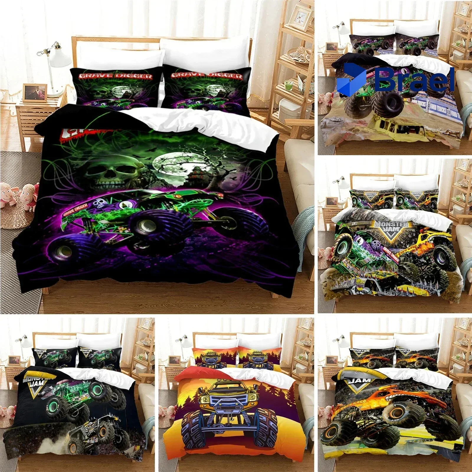 Exquisite Boys Cars Duvet Cover Cartoon Monster Truck Cool Vehicle Bedding Set Off Road Vehicle Locomotive Comforter Cover King