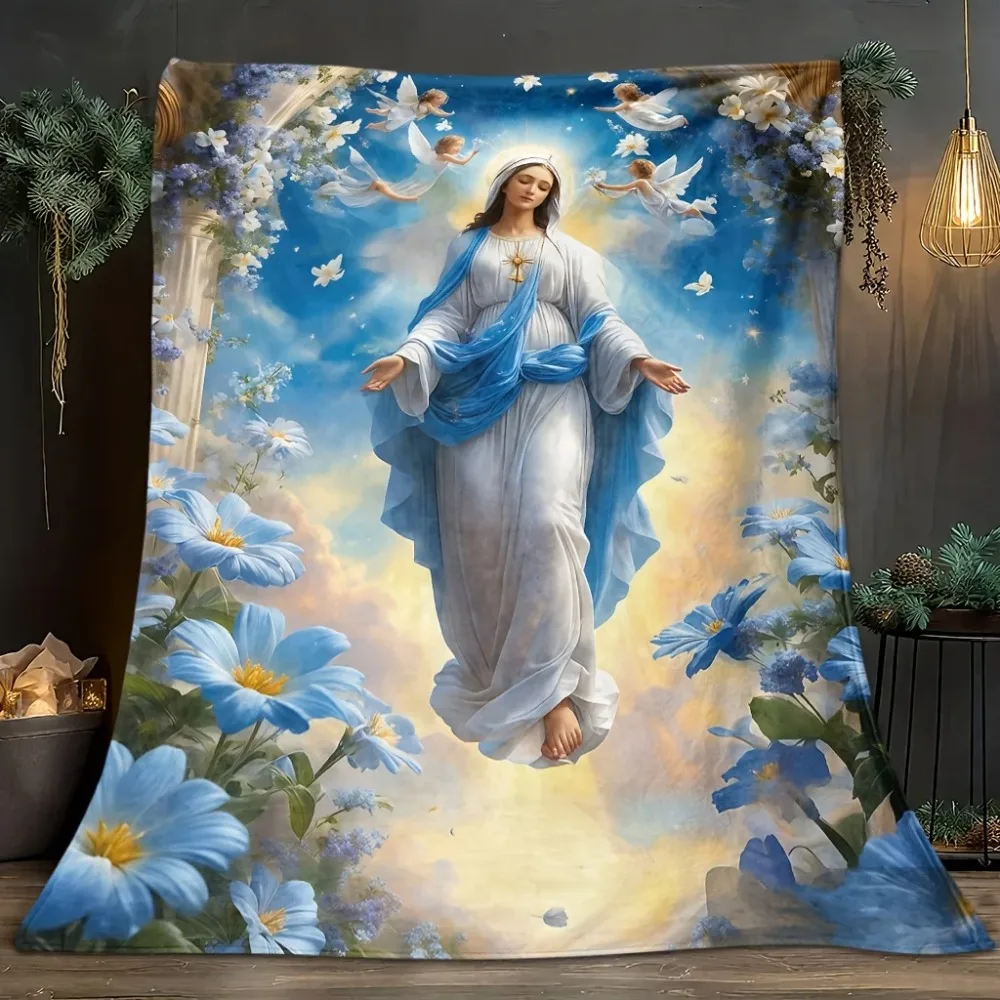 Blue Floral Angel Theme Pattern Fleece Blanket - Soft High-Definition Digital Print, Suitable for Family and Friends Gift