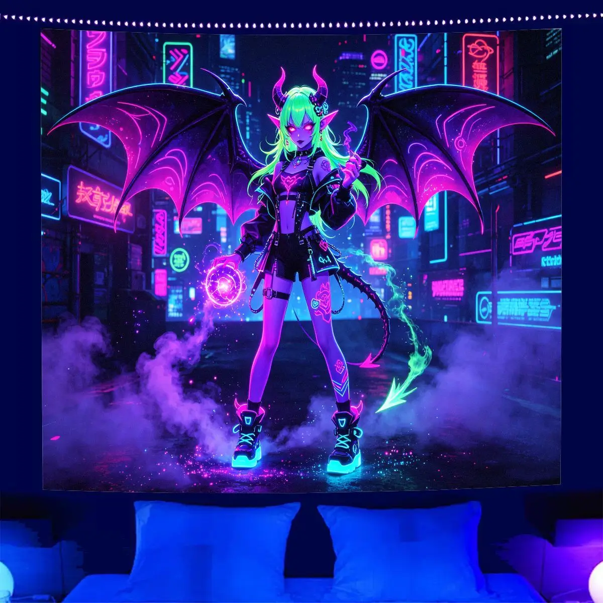 VIKAMA Anime Devil Girl Tapestry, Neon Cyberpunk Anime Girl Polyester Wall Hanging, Dark Anime-Style Home Wall Decoration