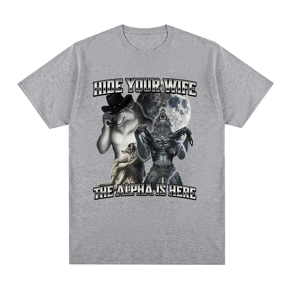 إخفاء زوجتك ألفا هنا الذئب حرفيا لي مضحك ميمي ايمو تي شيرت ملابس للرجال Harajuku ريترو المتضخم القطن تي شيرت