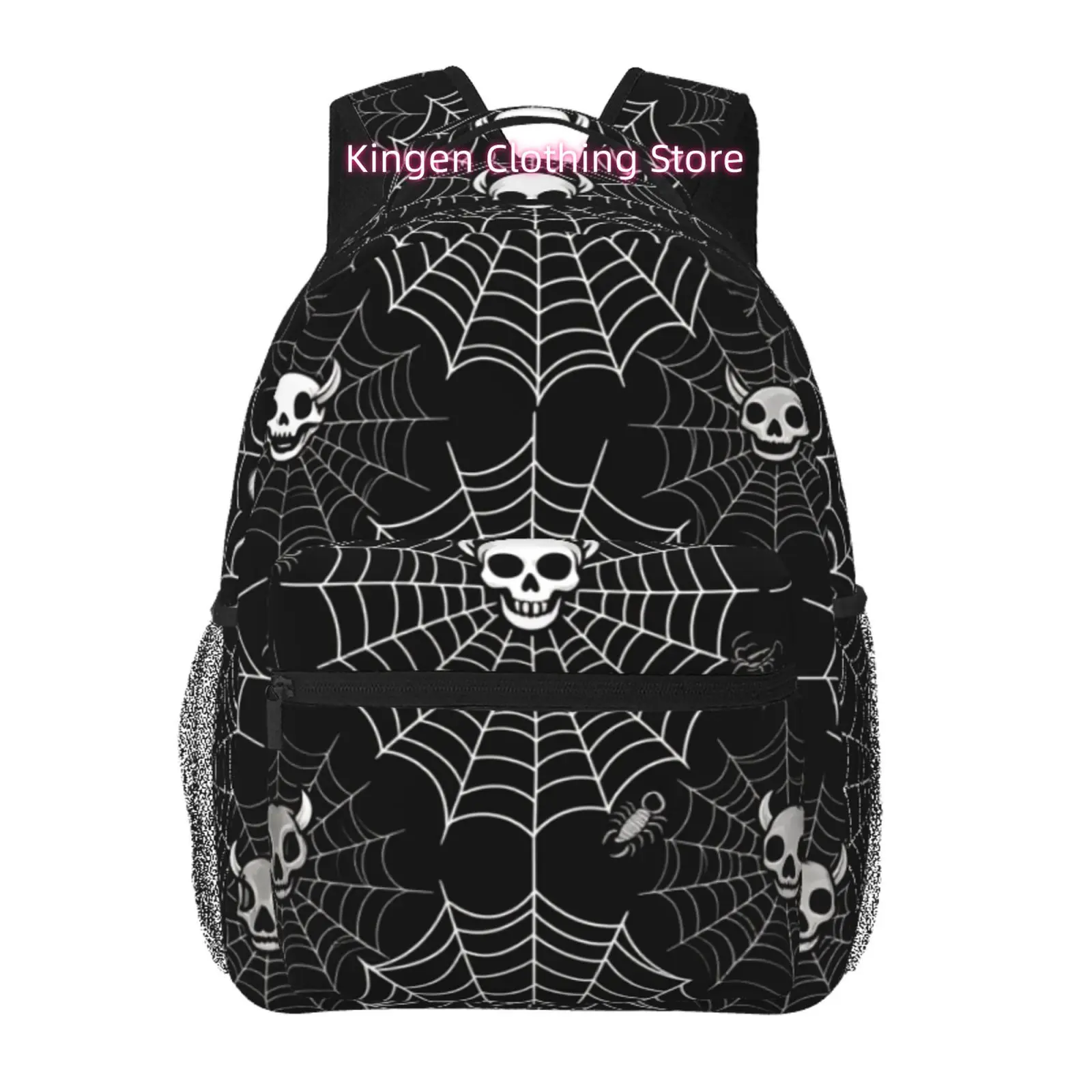 Black White Spider Web Horned Skull Gothic Travel Backpack, Large Capacity with Adjustable Shoulder Straps& Multiple Compartment