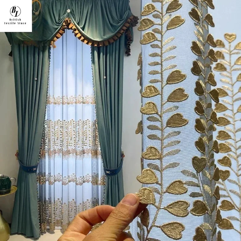 

Custom Size！！European Embossed Embroidery Gauze Blue Green Velvet Blackout Fashion Curtains for Living Dining Room Bedroom Decor