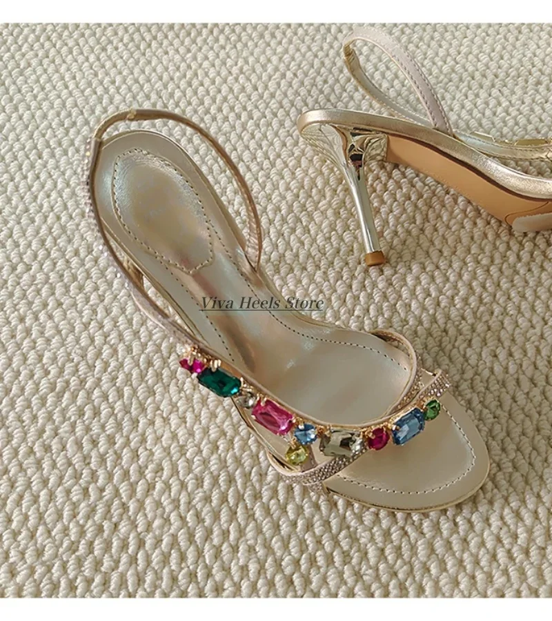 

Colorful diamond gold/sliver leather sandals for women crystal open toe stilettos high heels luxury designer party gift shoes