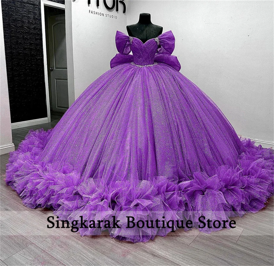 New 2024 Purple Princess Quinceanera Dresses With Bow Ball Gown Crystals Beads Tiered Ruffles Sweet 15th Dress  Customized