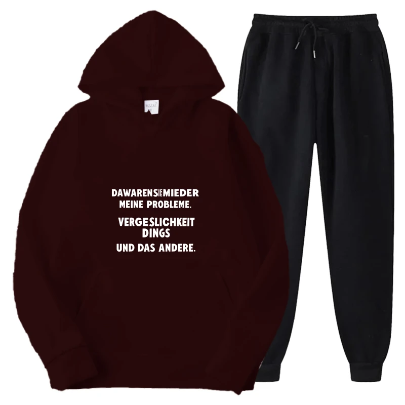 طقم هوديي أسود وعنابي مطبوع نص ألماني Dawakersimieden Mene Problem سويت شيرت غير رسمي سروال الزي للرجال والنساء St #1