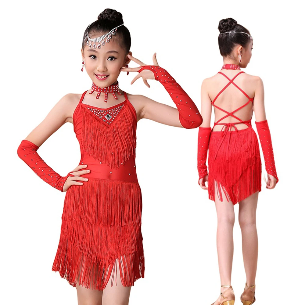 3-15T Kids Sequin Latin Dance Tassel Dress Girls Fashion Cha Cha Salsa Tango Dance Outfit Stage Costume