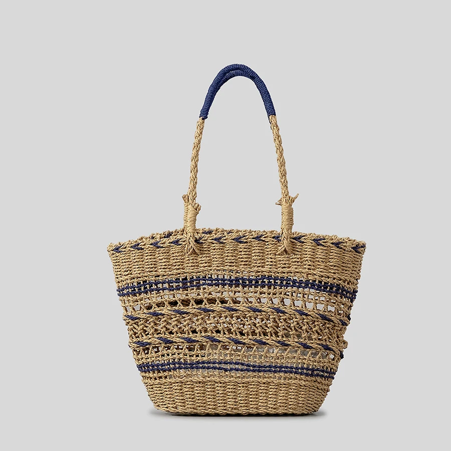 Casual Hollow Striped Straw Basket Bag Designer Paper Woven Women Shoulder Bags Handmade Summer Beach Large Tote Bag 2024Holiday