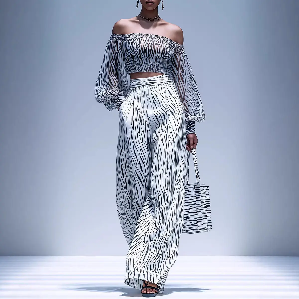 

Women's Casual 2Pcs Outfits Zebra Print European And American Style Women's New Off-shoulder Top Wide-leg Pants Two-piece Set