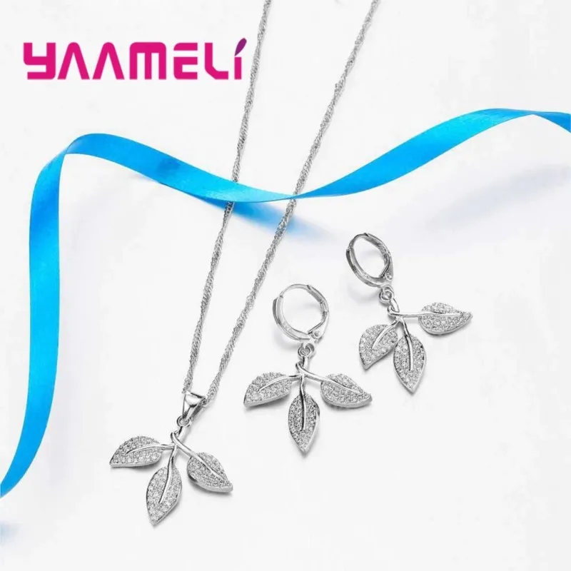 

Top Quality Leaves Shape 925 Sterling Silver Necklace Earrings Set Full Cubic Zirconia Women Girls Accessories Jewelry