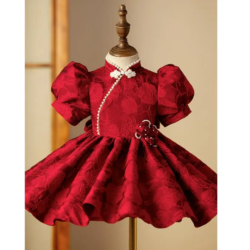 

2023 New Children's Evening Gown Flower Pearl Design Spanish Vintage Girls Birthday Baptism Party Red Dresses For Eid A2655