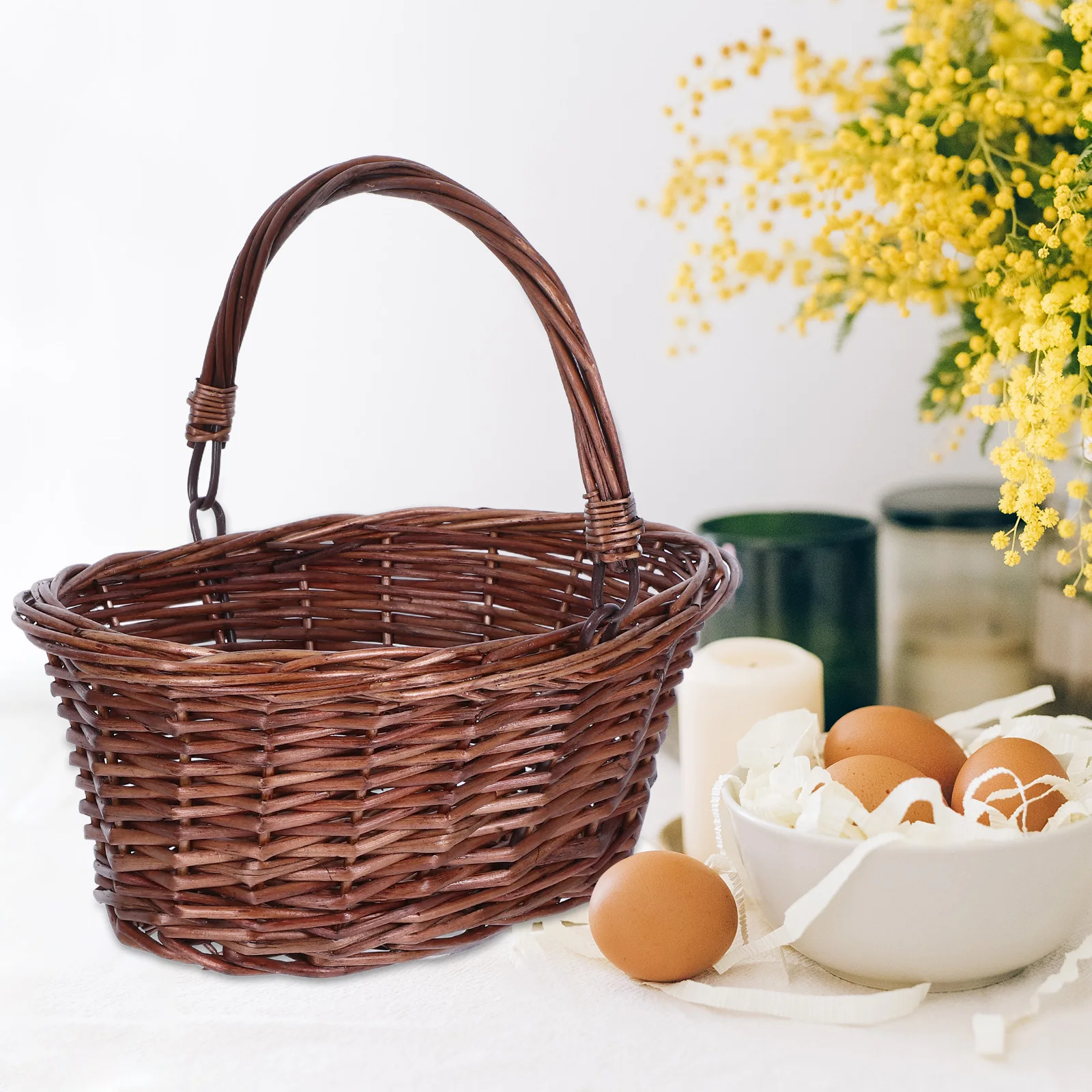

Spacious Woven Picnic Basket with Sturdy Handles Natural Wicker Fruit Flower Gathering Container for Holiday Beach Garden Events