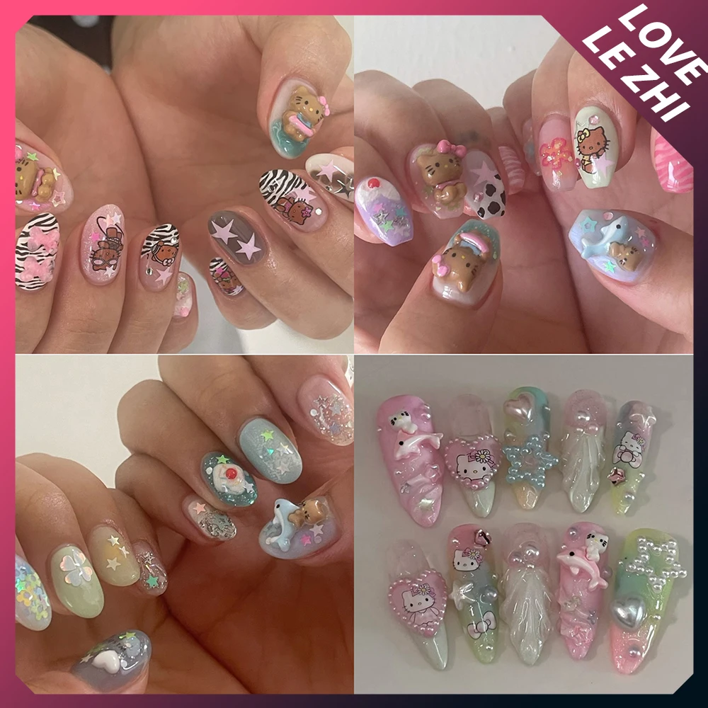 Sanrioed-Hello Kittys Almond, manicura corta hecha a mano, dibujo animado 3D, azul y rosa