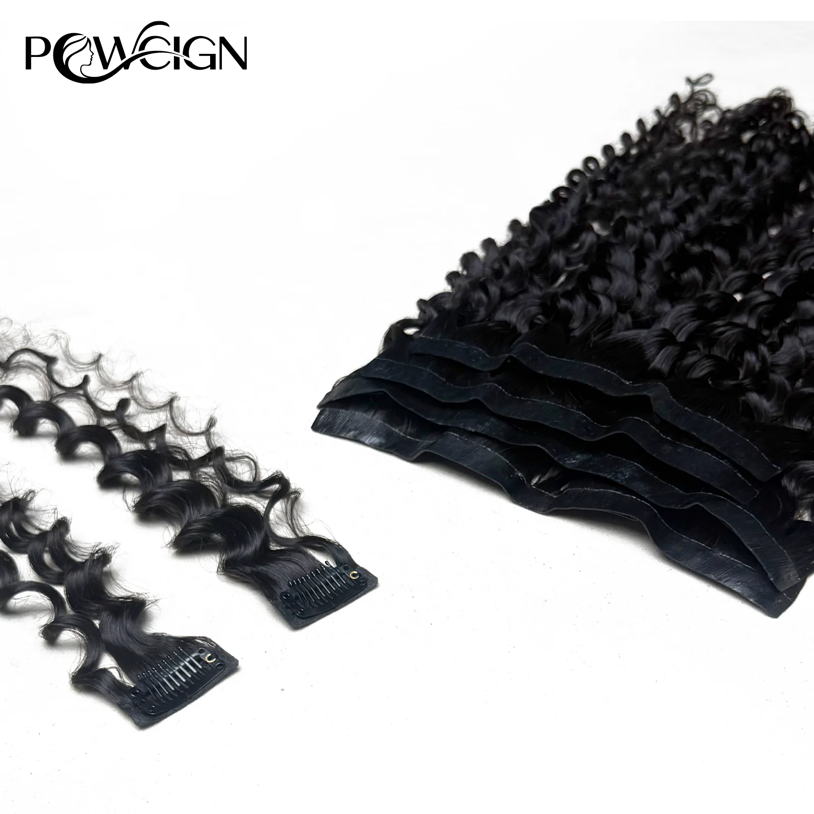Powcign Light Curly PU Clips In Human Hair Extensions Natural Color Invisible Weft In Brazilian Remy Human Hair 110G