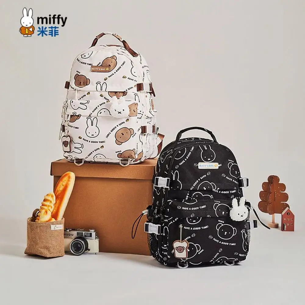 

Miffy anime Cartoon Backpack White Black With Bunny Bear Pattern Cute School Bag For Teens Fashion Daily Travel Backpack