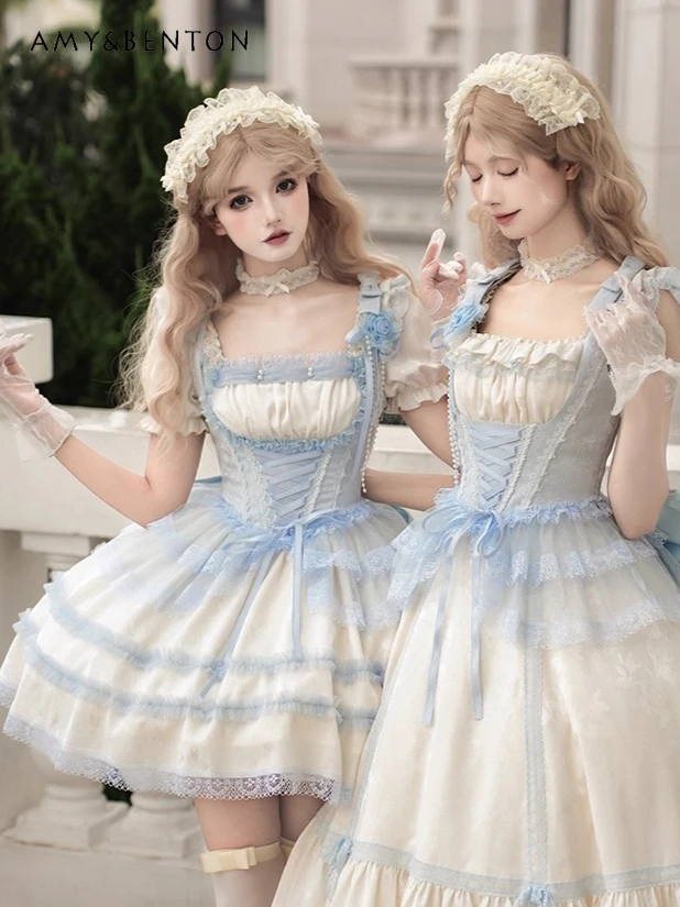 

Elegant Sweet Ruffled Long Sleeve JSK Slim High Waist Ball Gown Dress Cute Princess Evening Dresses Birthday Dress for Women