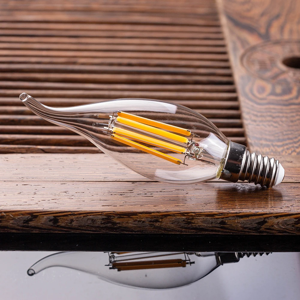 C35 Clear Glass Candle Night Bulb E14 E12 4W 6W Warm White LED Filament Bent Tip for Living Room Ceiling Light Replaceable Bulbs