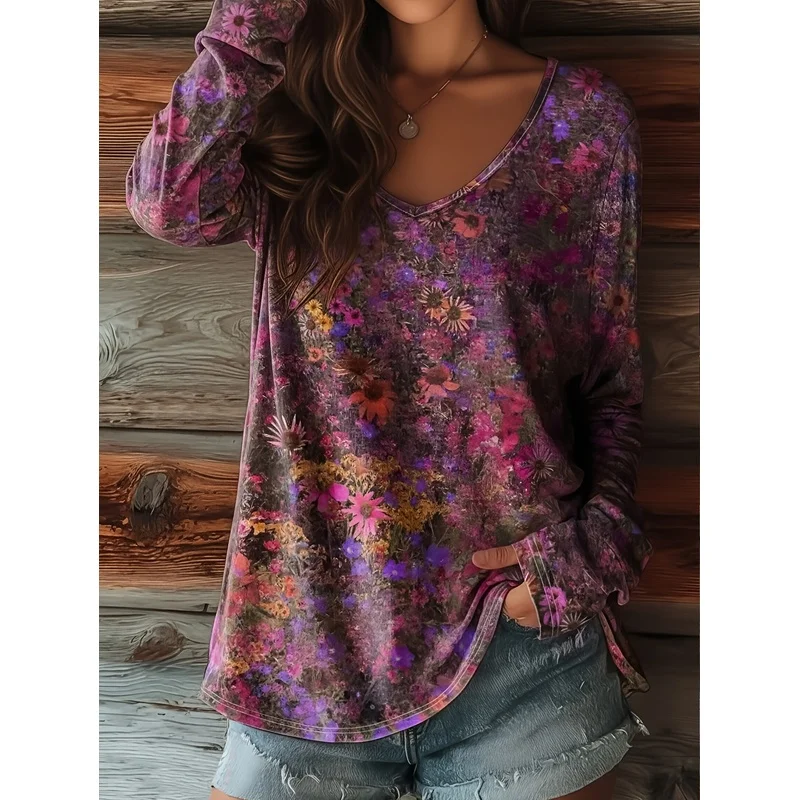 Women's Vintage Oil Painting Floral Print V Neck Blouse T Shirt Loose Fit Tunic Top Spring Summer Casual Elegant Momwear Suitabl