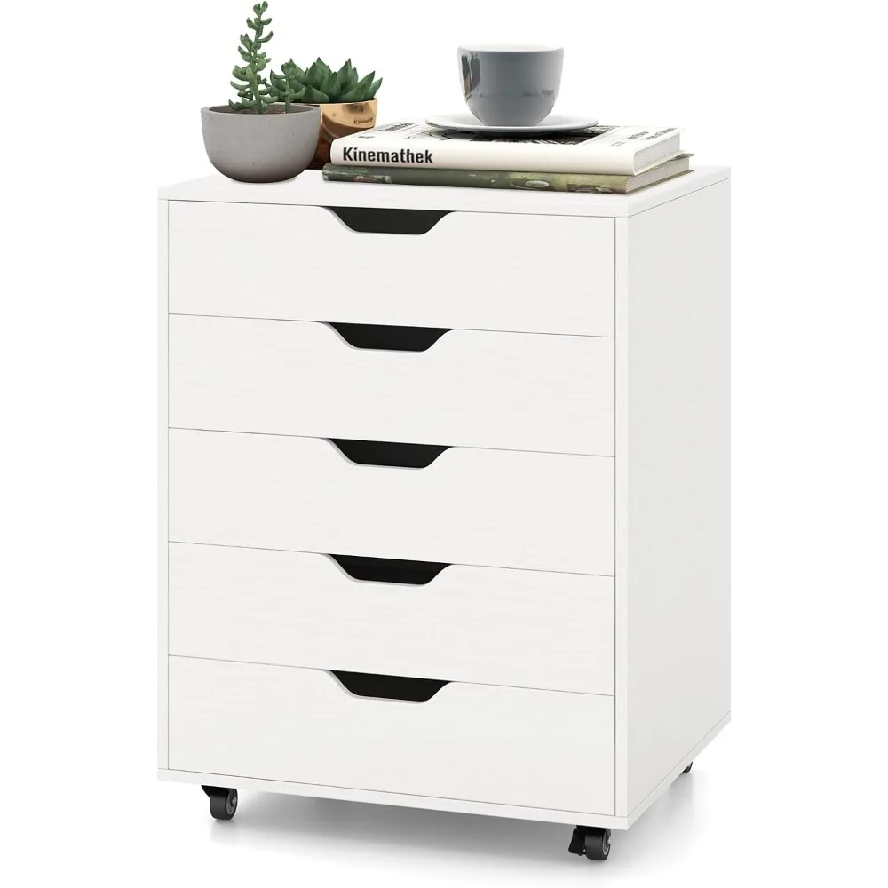 5 Drawer File Cabinet, Mobile Filing Cabinet with Universal Wheels, White Office Cabinet w/ 5 Drawers, Vertical Printer Stand