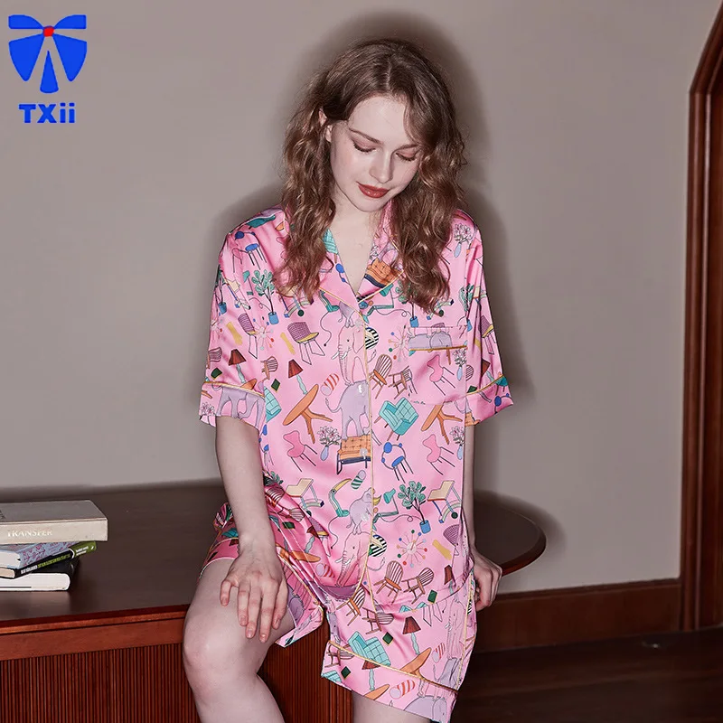 [Pink furniture] New Pajamas Women's Summer Short-sleeved Shorts Ice Silk suit Sweet Cute Cartoon Home Clothes