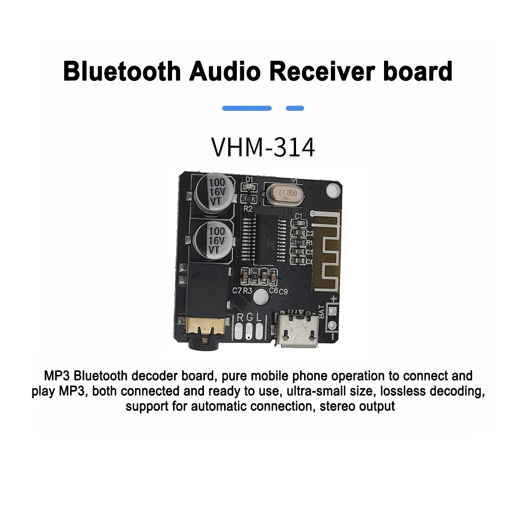 Compatível com Bluetooth MP3 Receiver Decoder Board, VHM-314, Suporte Micro Interface, Conexão Automática, Saída de Áudio Estéreo