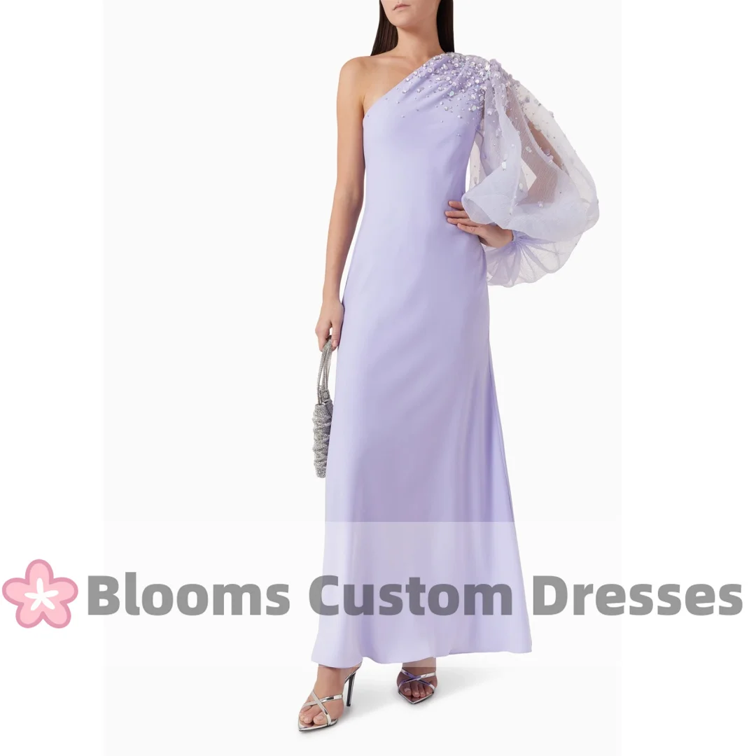 

Blooms Lilac Beads Sequins Puff Sleeve Evening Dress One-Shoulder Formal Party Gown Prom Dress For Wedding robes invitée mariage