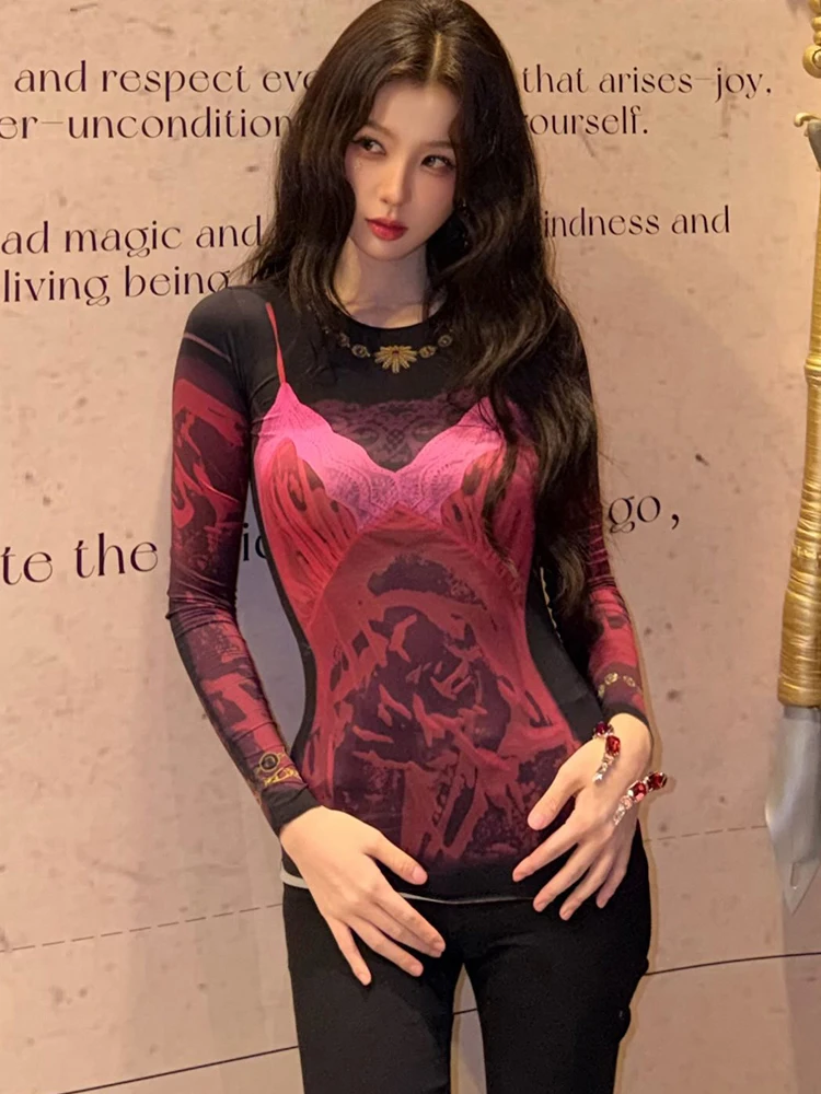 Camiseta de Moda Sisterlinda para Mujer, Estampado Artístico, Cuello Redondo, Manga Larga, Ajustada, Elástica, Sencilla, Clásica, para Otoño, Uso Diario, Ropa de Calle