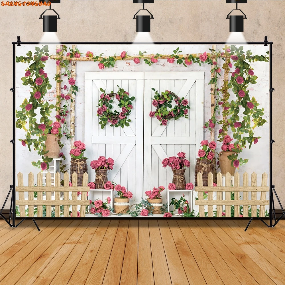 อีสเตอร์ฉากหลังพวงหรีดดอกไม้ฤดูใบไม้ผลิ Courtyard ประตูเด็ก Portrait ไม้ประตูอิฐผนังการถ่ายภาพพื้นหลังตกแต่ง Photo Studio