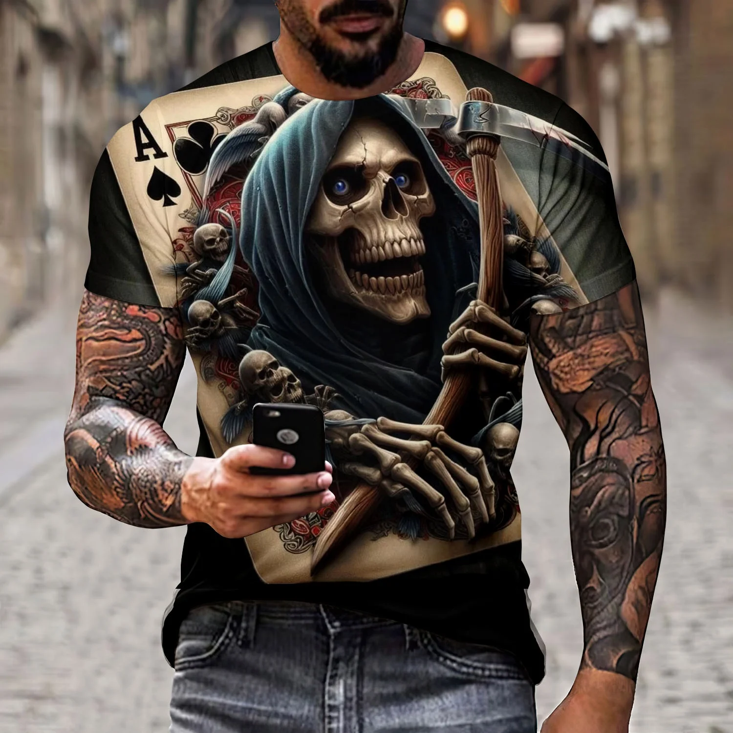 

3D Printed Playing Card Skull New European and American Best-selling Adult Men's and Children's Short-sleeved T-shirt