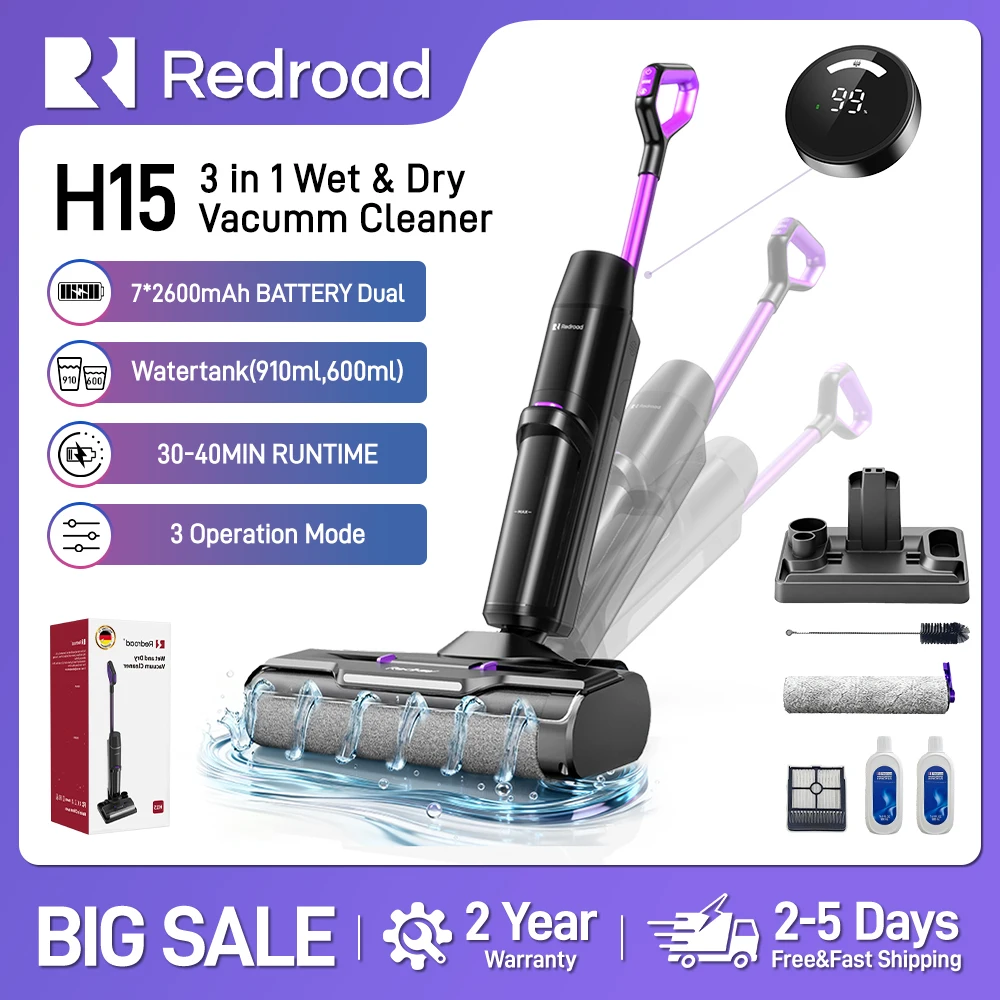 Redroad H15 Kabelloser Intelligenter Nass-Trocken-Staubsauger mit Superstarker Saugkraft, Selbstreinigung und Doppel-Wassertank