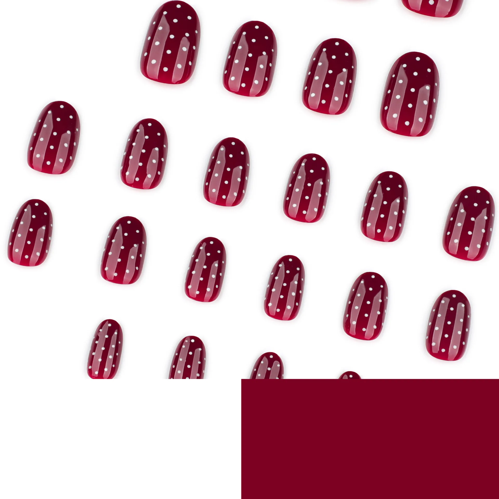 24 Uds. De uñas postizas redondas cortas rojas con estampado de puntos blancos, uñas postizas desmontables europeas para Otoño e Invierno