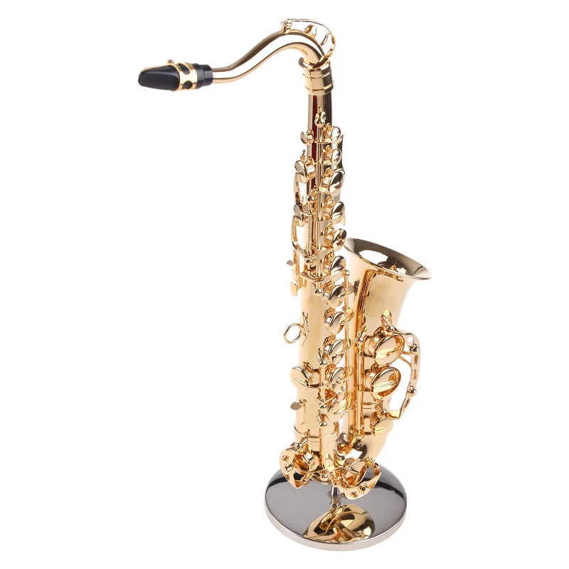 448D Copper Miniature Saxophone with Base Mini Musical Instrument Miniature Replica Dollhouse Model Mini Saxophone