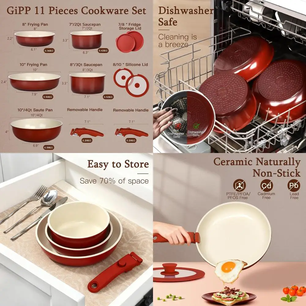 

Non-Stick Detachable Handle Cookware Set, 11-Piece Ceramic Pots and Pans, RV-Friendly, Red & Black Gradient