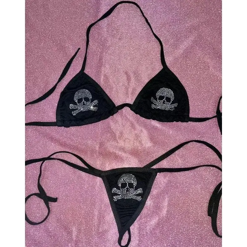 Conjunto de bikini de natación de verano de estilo gótico punk con diseño de chica con diamantes y cuello sin espalda sexy