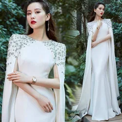 Top Brand Elegant White Mermaid Dubai Evening Dress for Women Wedding Party Cape Sleeves Muslim Long Formal Dresses