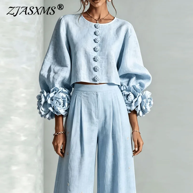 Damen-Set mit Puffärmeln, 2-teilig, Rundhals-Crop-Top mit 3D-Blumenmuster und weiten Hosen, elegantes, lässiges Outfit für Büro und Party
